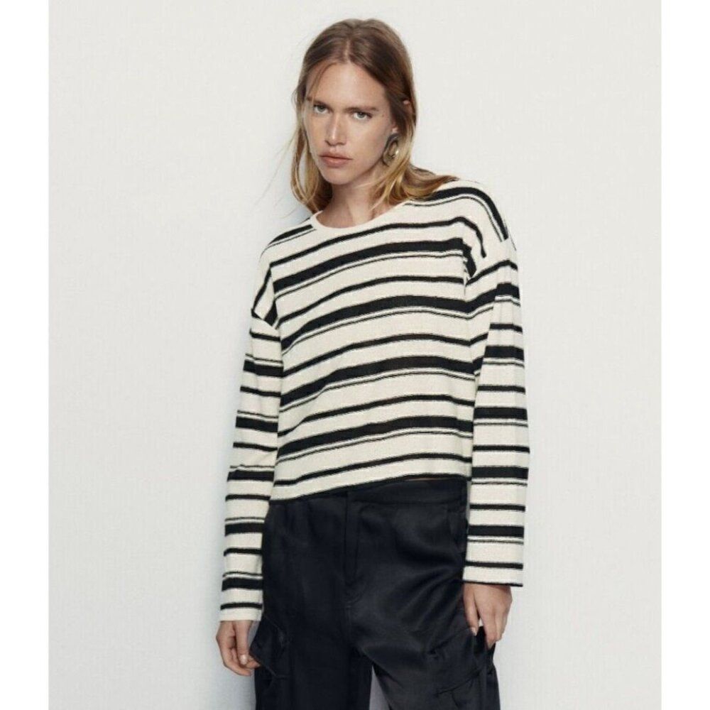 Zara Womens Rustic Sweater S Black White Striped Knit Pullover 2298/651 NWT